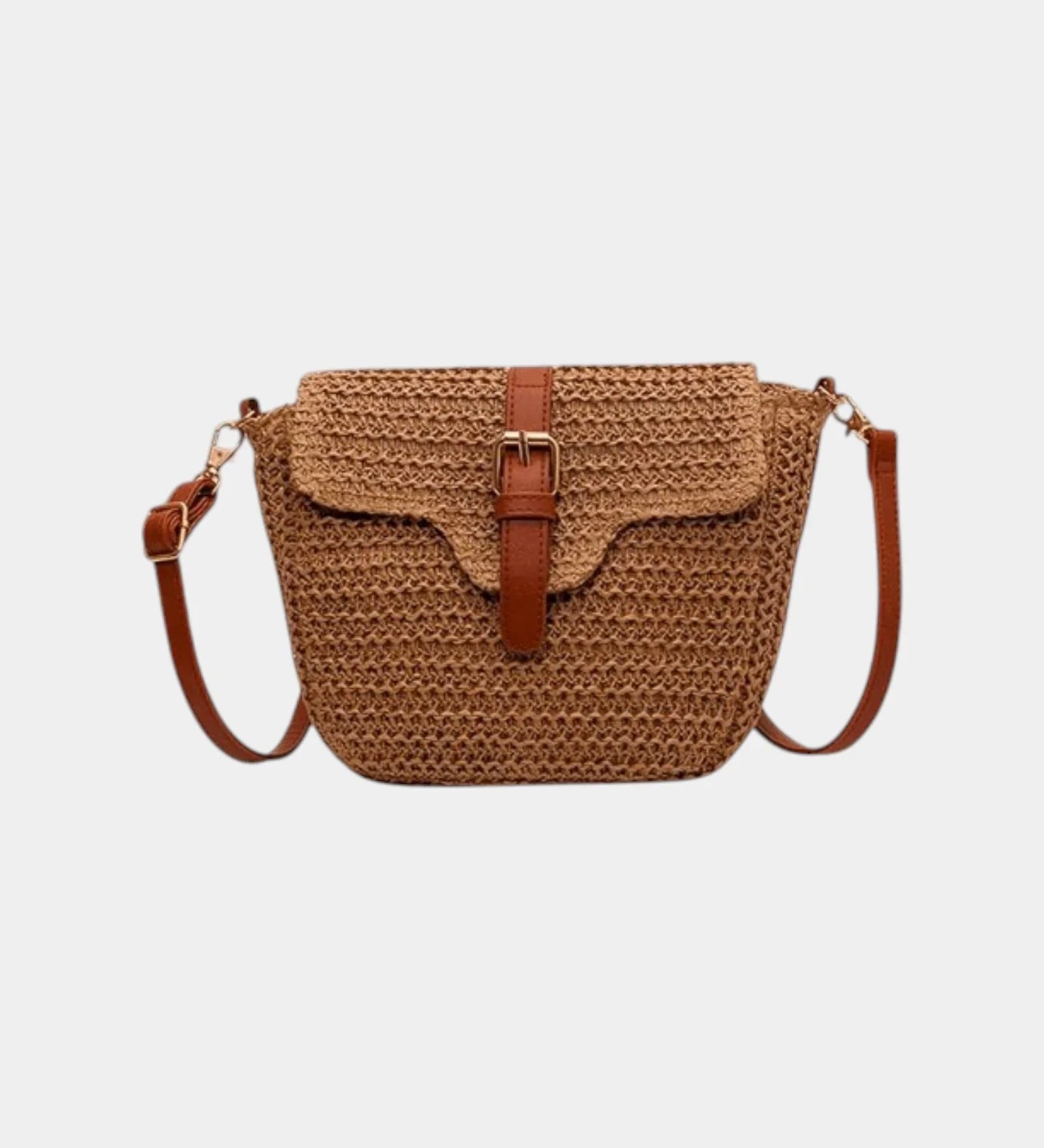 Brown knitted style crossbody bag with top flap and buckle clasp