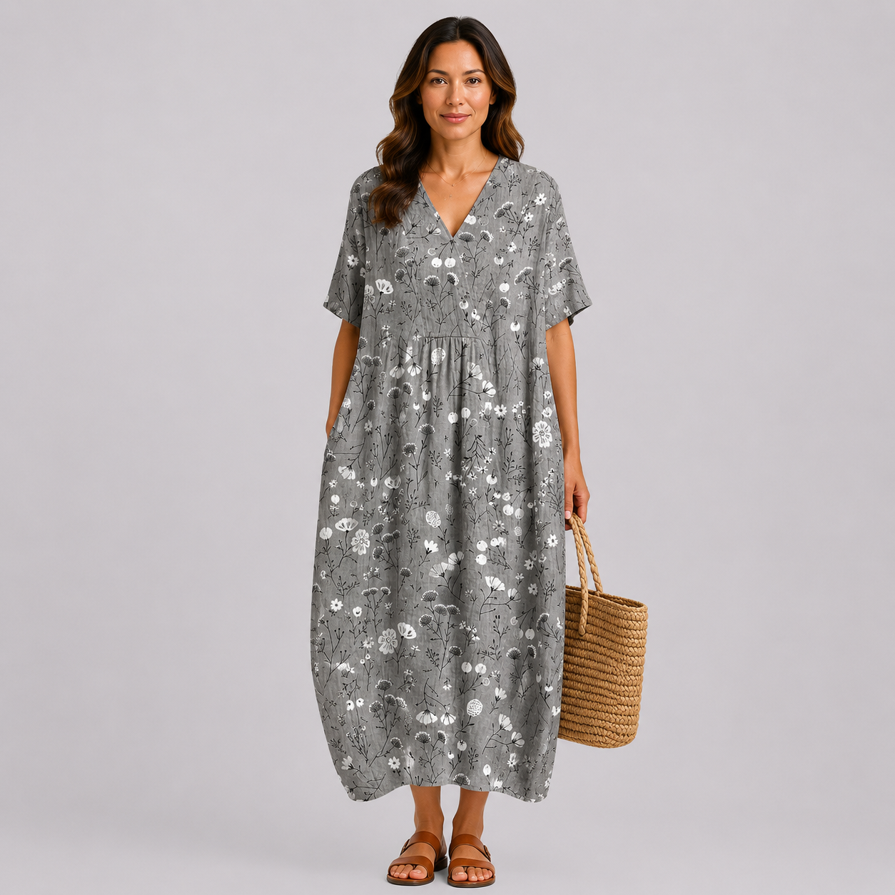 Gray floral summer dress, V-neck, short sleeves, loose fit, midi length