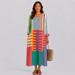V-neck multicolor striped summer dress with three-quarter sleeves