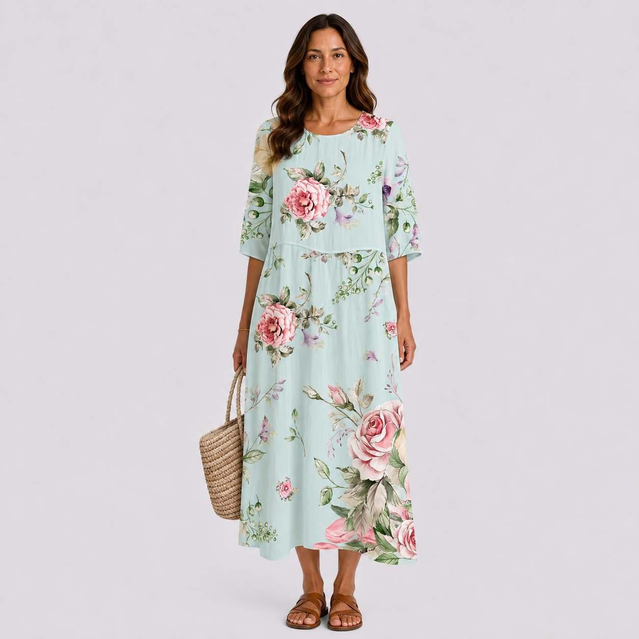 Floral midi dress with 3/4 sleeves, gathered waist, and light blue base color