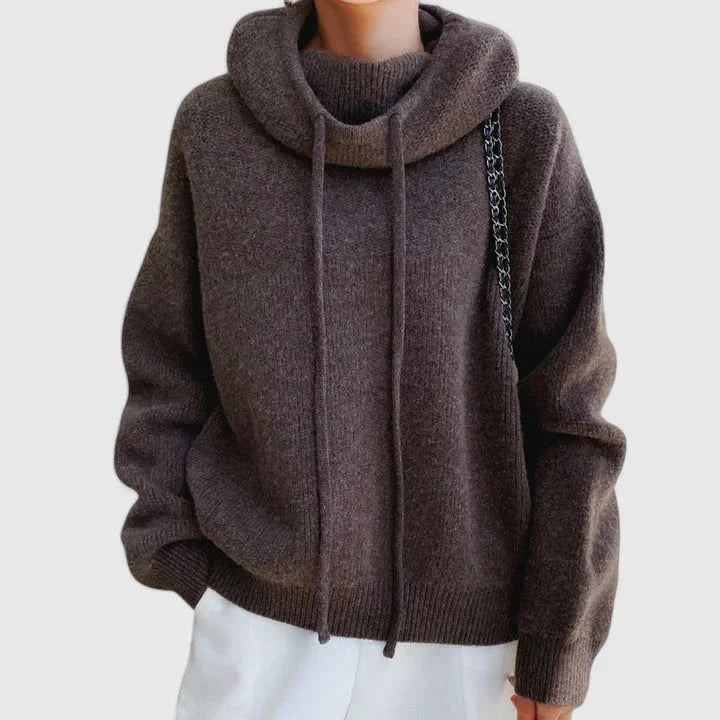 Brown hooded sweater with high neck and drawstring, chunky knit long sleeves