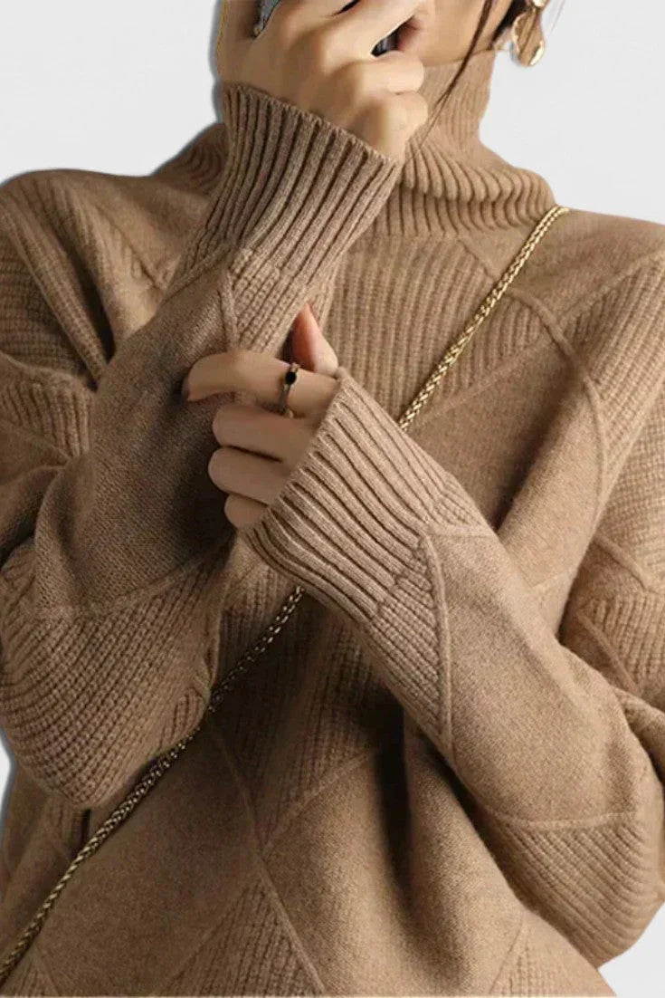 Brown turtleneck sweater with ribbed collar and diamond knit texture