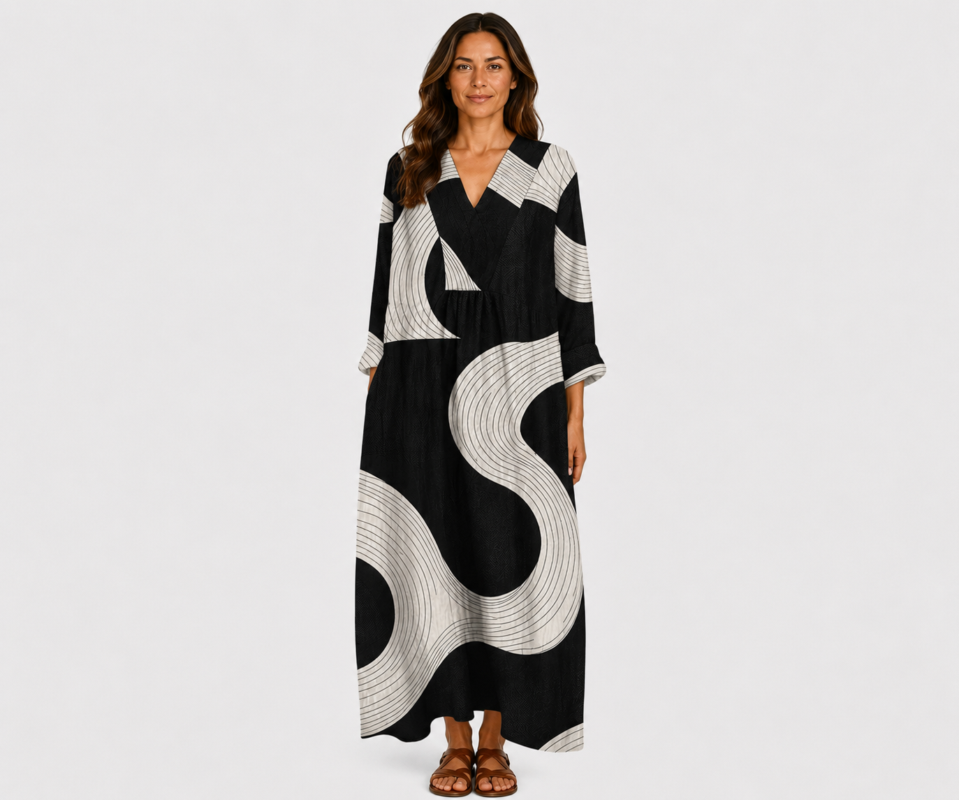 Black and white patterned summer dress with V-neck and 3/4 sleeves