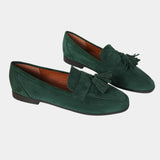 Green orthopedic moccasins with tassel fringe, suede slip-on loafers