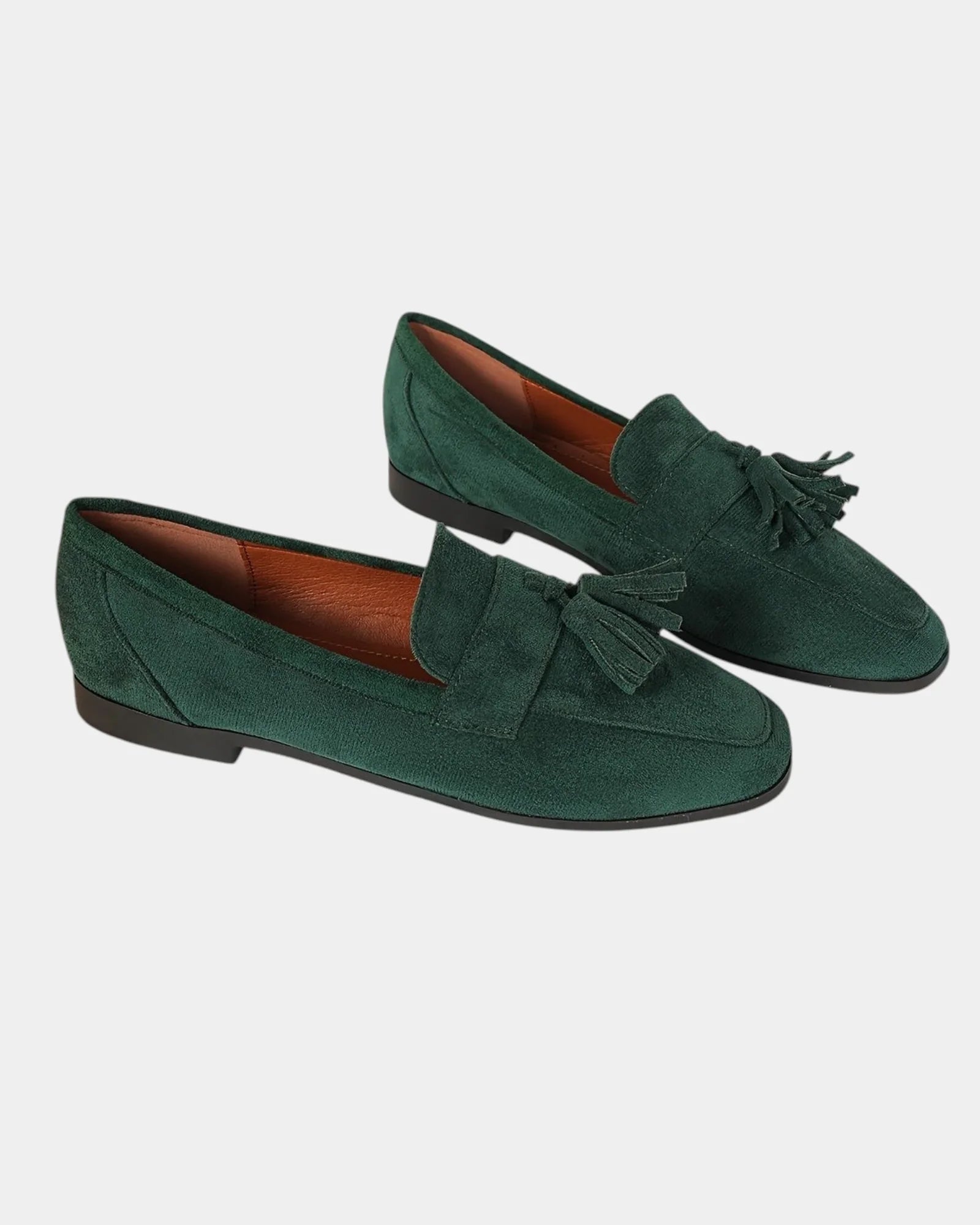 Green orthopedic moccasins with tassel fringe, suede slip-on loafers