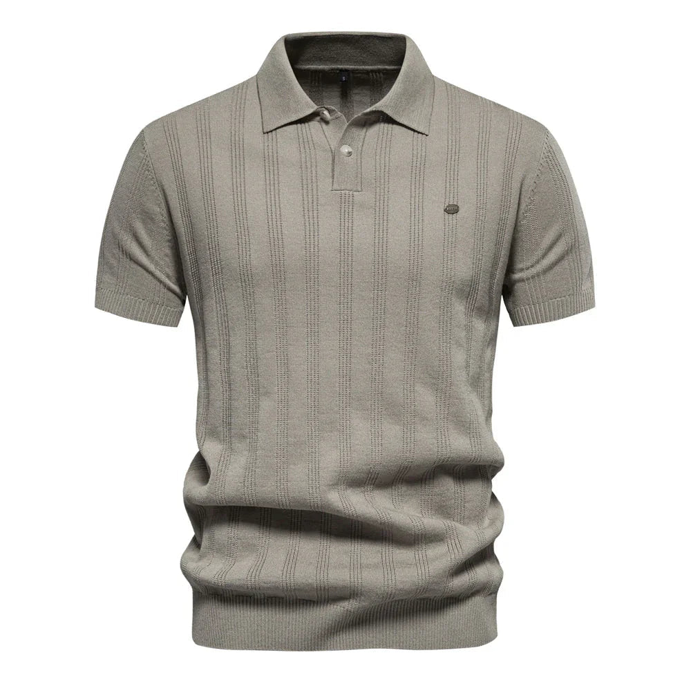Chic summer polo shirt in taupe beige with vertical pinstripes, short sleeves, button placket.