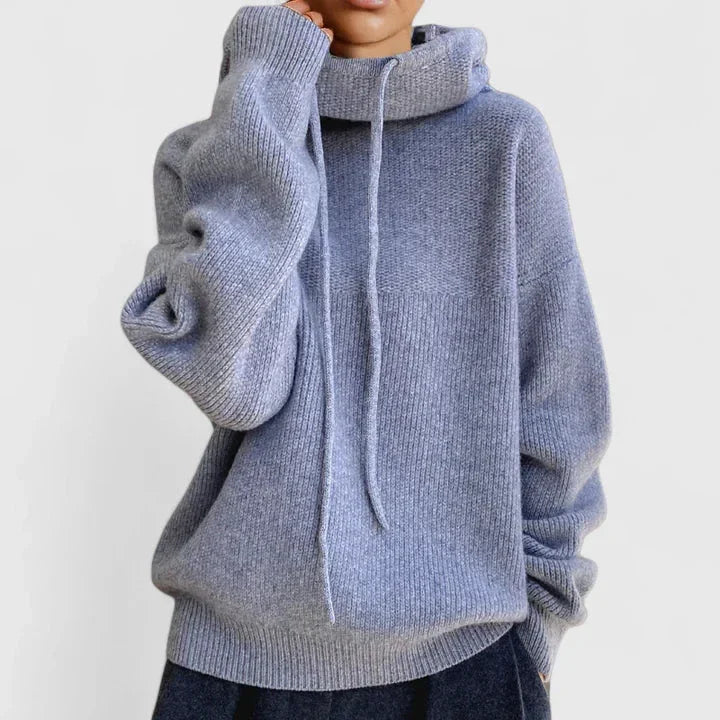 Light gray hooded sweater with high neck, drawstring, ribbed cuffs