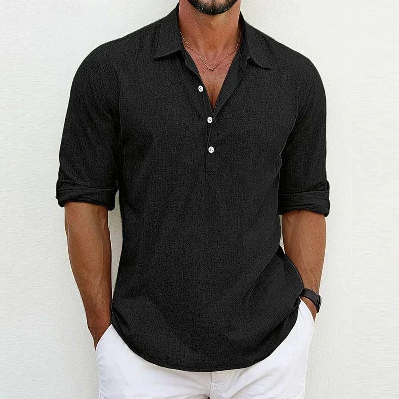 Men's black linen button-up shirt with short sleeves and open collar