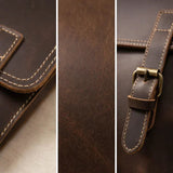 Dark brown leather backpack close-up of stitched edges and buckle strap hardware
