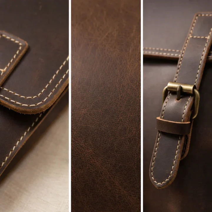 Dark brown leather backpack close-up of stitched edges and buckle strap hardware