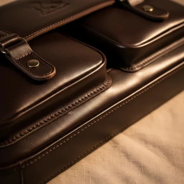 Brown leather briefcase close-up showing seam stitching and strap hardware