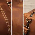 Leather bag close-up: contrast stitching, panel texture, and brass hardware rings