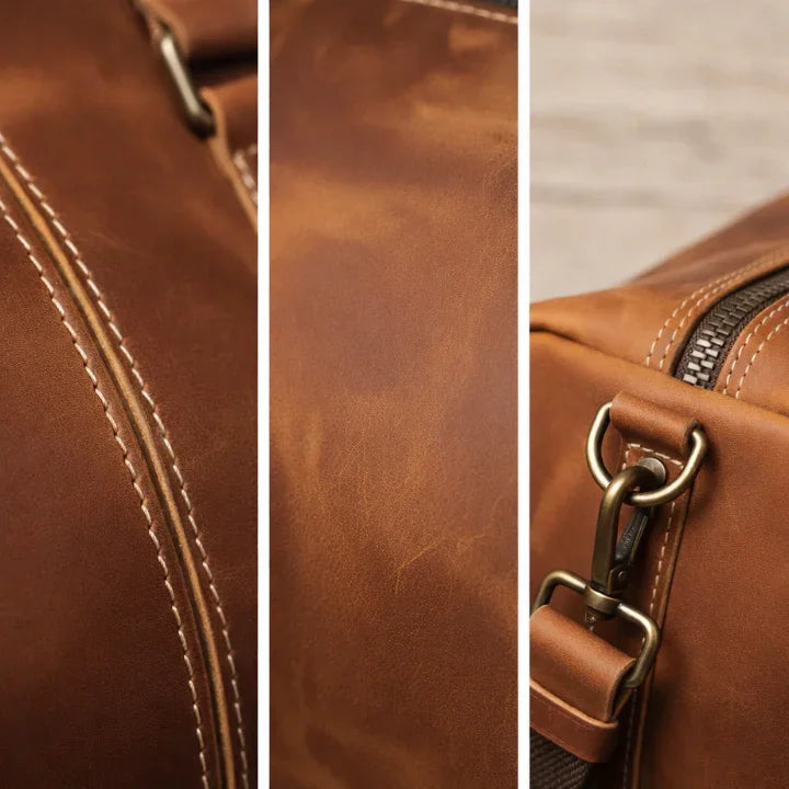 Leather bag close-up: contrast stitching, panel texture, and brass hardware rings