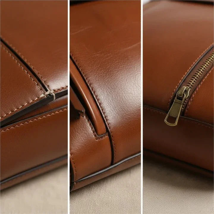 Caramel leather backpack close-up of stitching, flap edge, and brass zipper pull