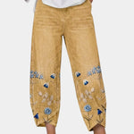 3/4-length casual pants, mustard with blue floral bird print on lower panels