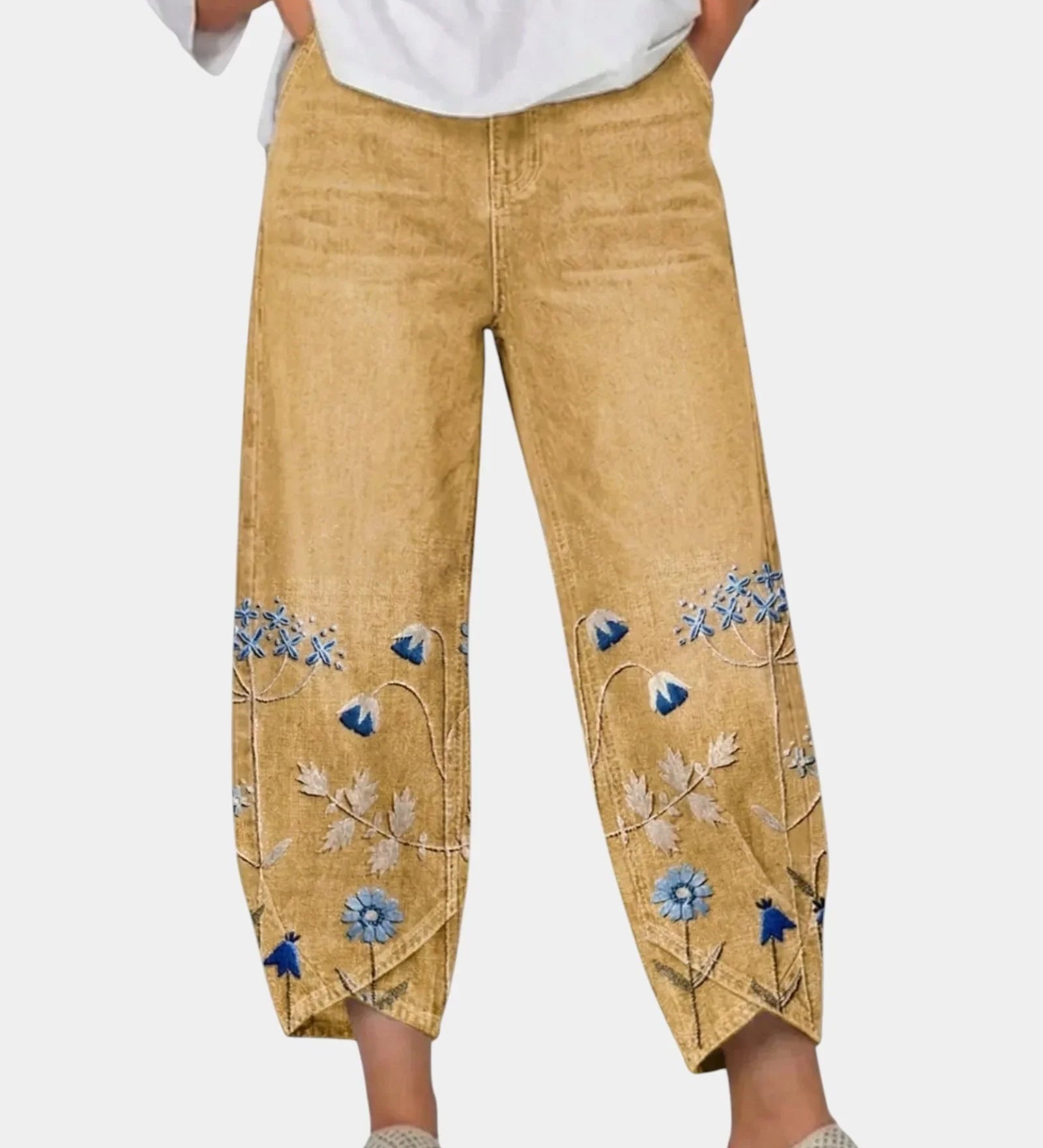 3/4-length casual pants, mustard with blue floral bird print on lower panels