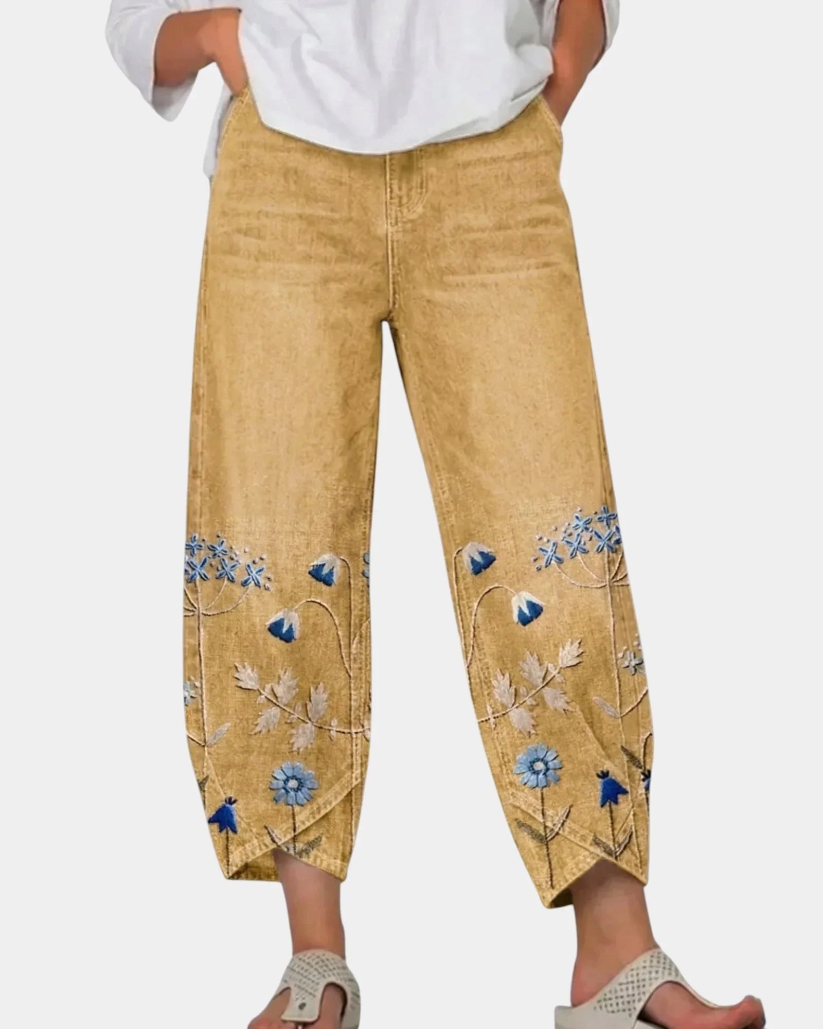 3/4-length casual pants, mustard with blue floral bird print on lower panels