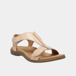 Beige orthopedic sandal with two adjustable straps and contoured cushioned sole