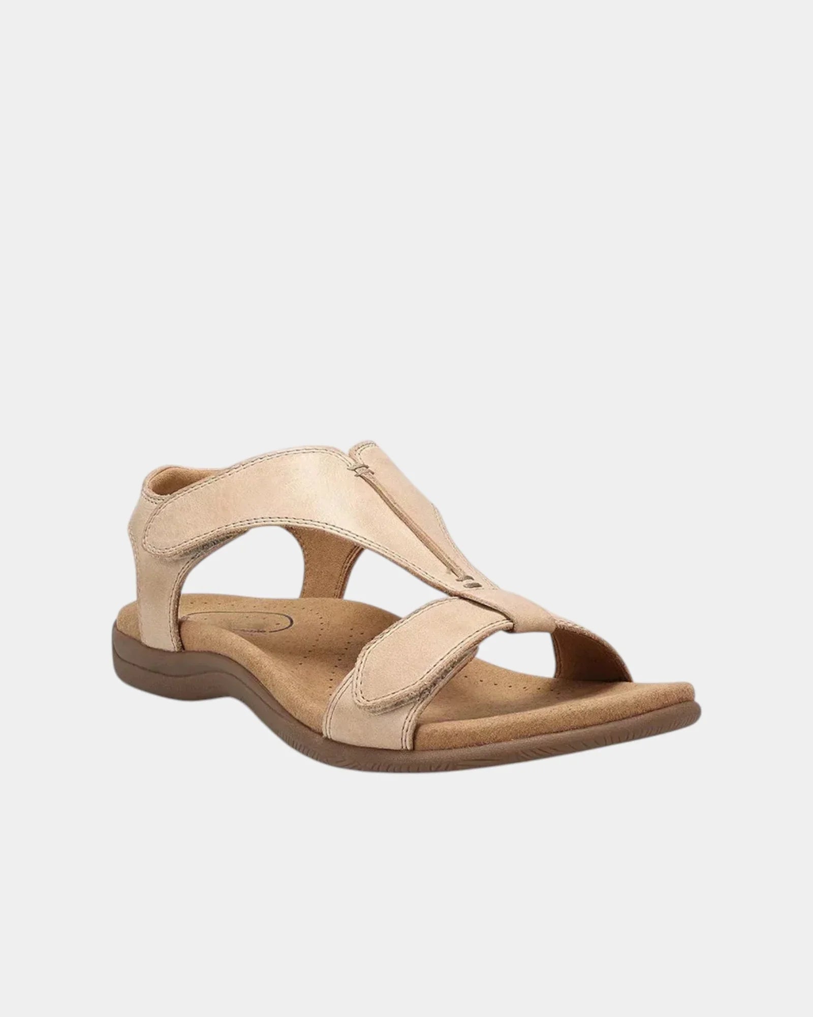 Beige orthopedic sandal with two adjustable straps and contoured cushioned sole