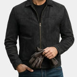 Suede-effect jacket in black with full zip front, stand collar, and two chest pockets