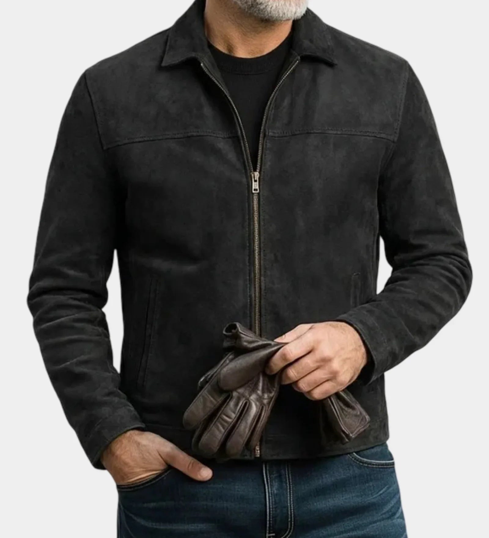 Suede-effect jacket in black with full zip front, stand collar, and two chest pockets