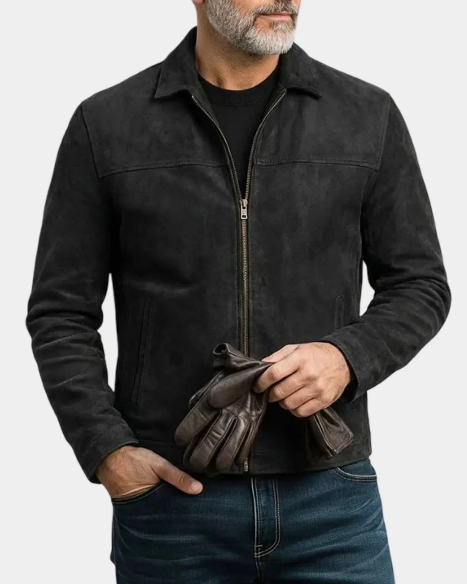 Suede-effect jacket in black with full zip front, stand collar, and two chest pockets