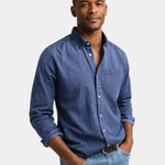 Men’s denim-blue casual button-up shirt worn with jeans