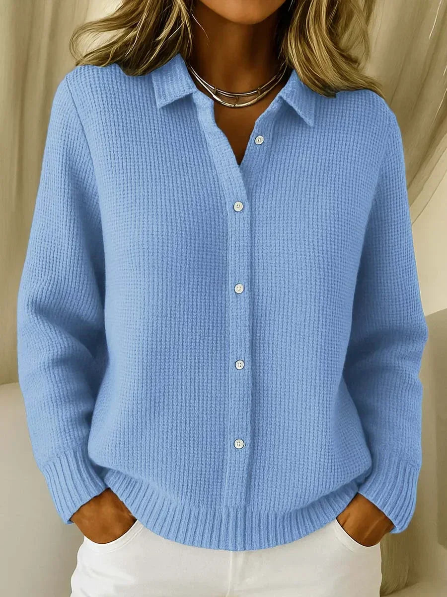Light blue button-front knit cardigan with collared neckline and long sleeves