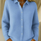 Light blue button-front knit cardigan with collared neckline and long sleeves
