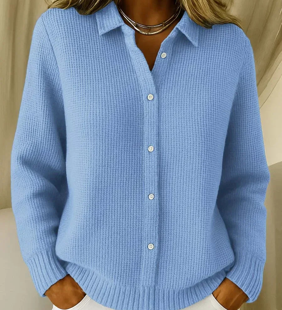 Light blue button-front knit cardigan with collared neckline and long sleeves