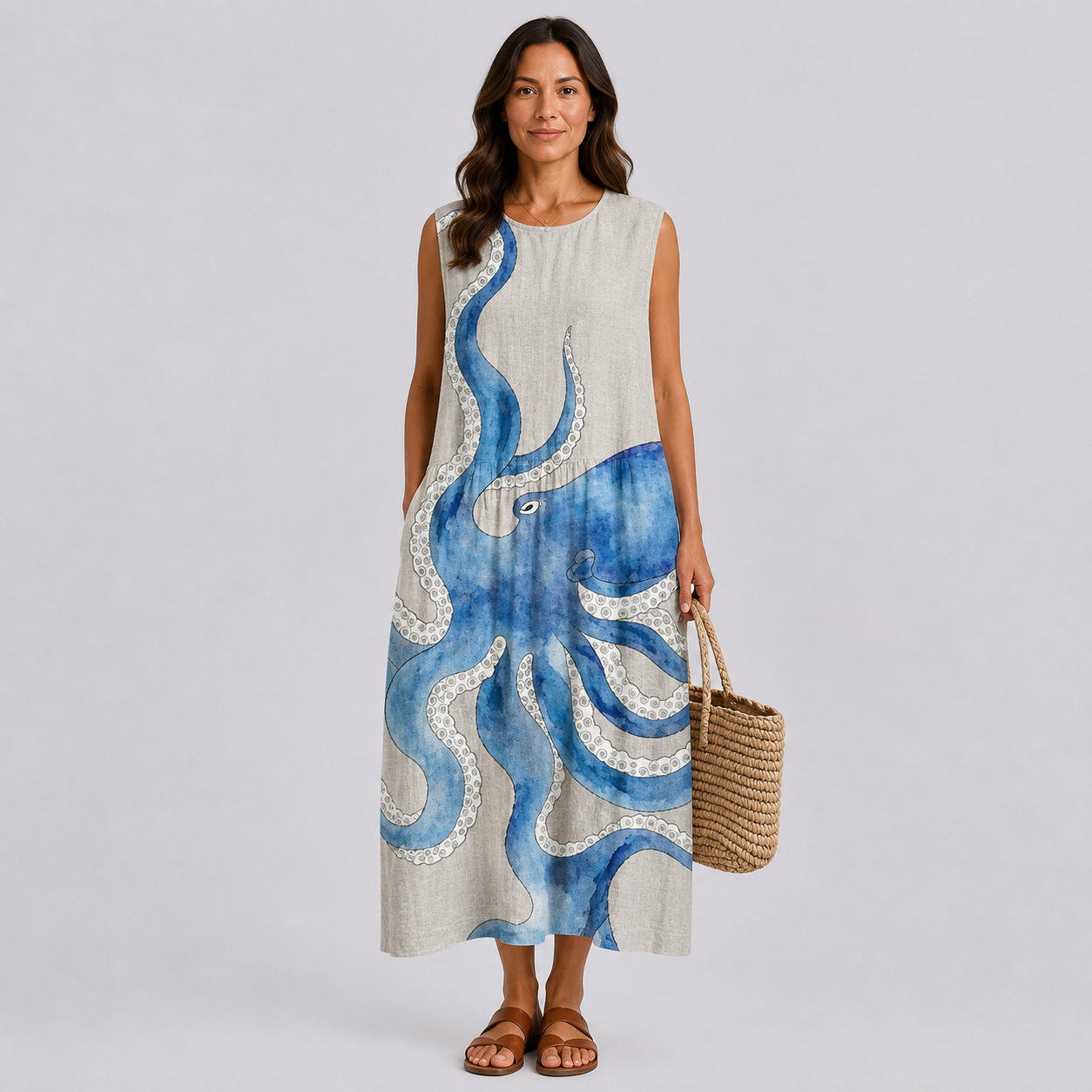 Sleeveless summer dress with blue octopus print on light gray fabric
