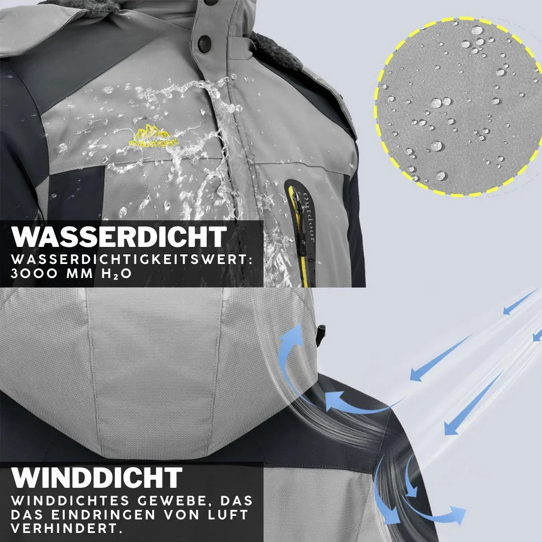 Gray waterproof winter jacket with visible front zipper and water-repellent fabric