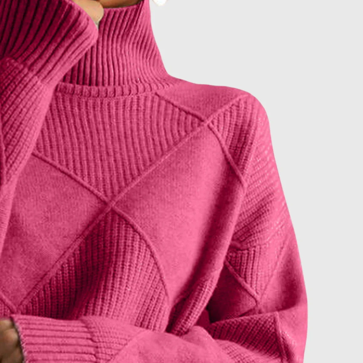 Lauren high-neck pullover sweater, magenta ribbed turtleneck with crossed diamond knit