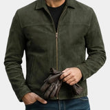 Suede-effect jacket in dark green with full zip front, stand collar, and two chest pockets