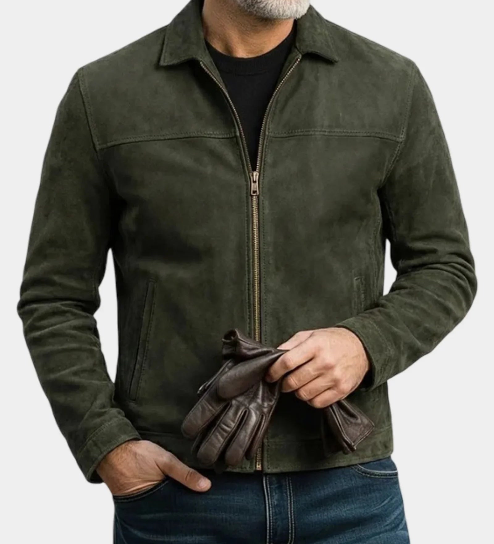 Suede-effect jacket in dark green with full zip front, stand collar, and two chest pockets