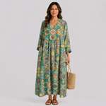 Floral patterned summer dress with V-neck and long balloon sleeves, gathered waist