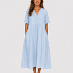Blue midi dress with V-neck, short sleeves, gathered waist and relaxed fit