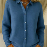 Light blue knit cardigan with white-button front, collared neckline, ribbed cuffs