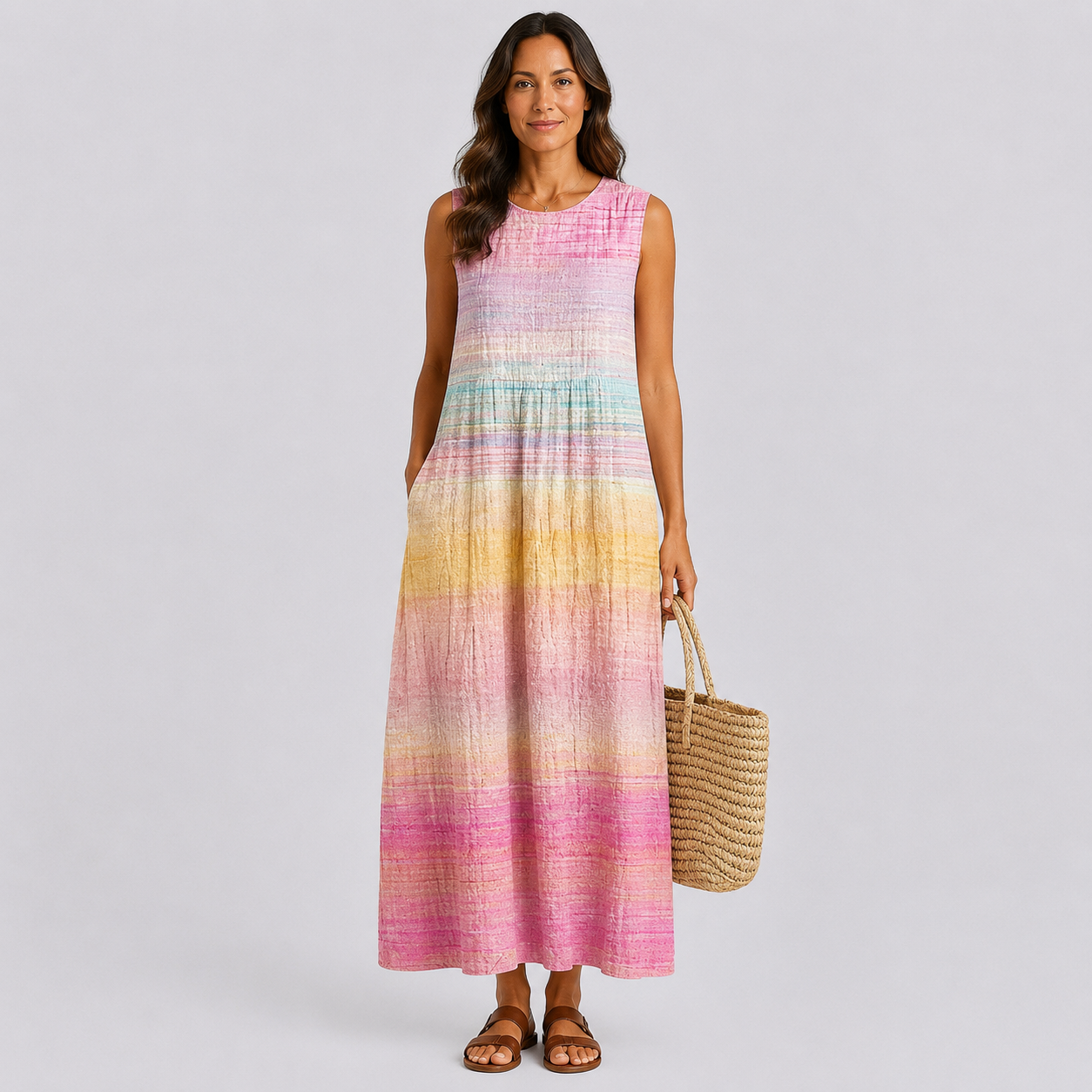 Pastel striped sleeveless midi dress with round neckline and relaxed fit