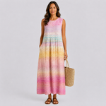 Pastel striped sleeveless midi dress with round neckline and relaxed fit