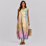 Sleeveless summer dress with round neck, watercolor floral print in pastel tones