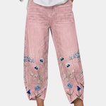 3/4-length casual pants, pink with blue floral bird print on lower panels