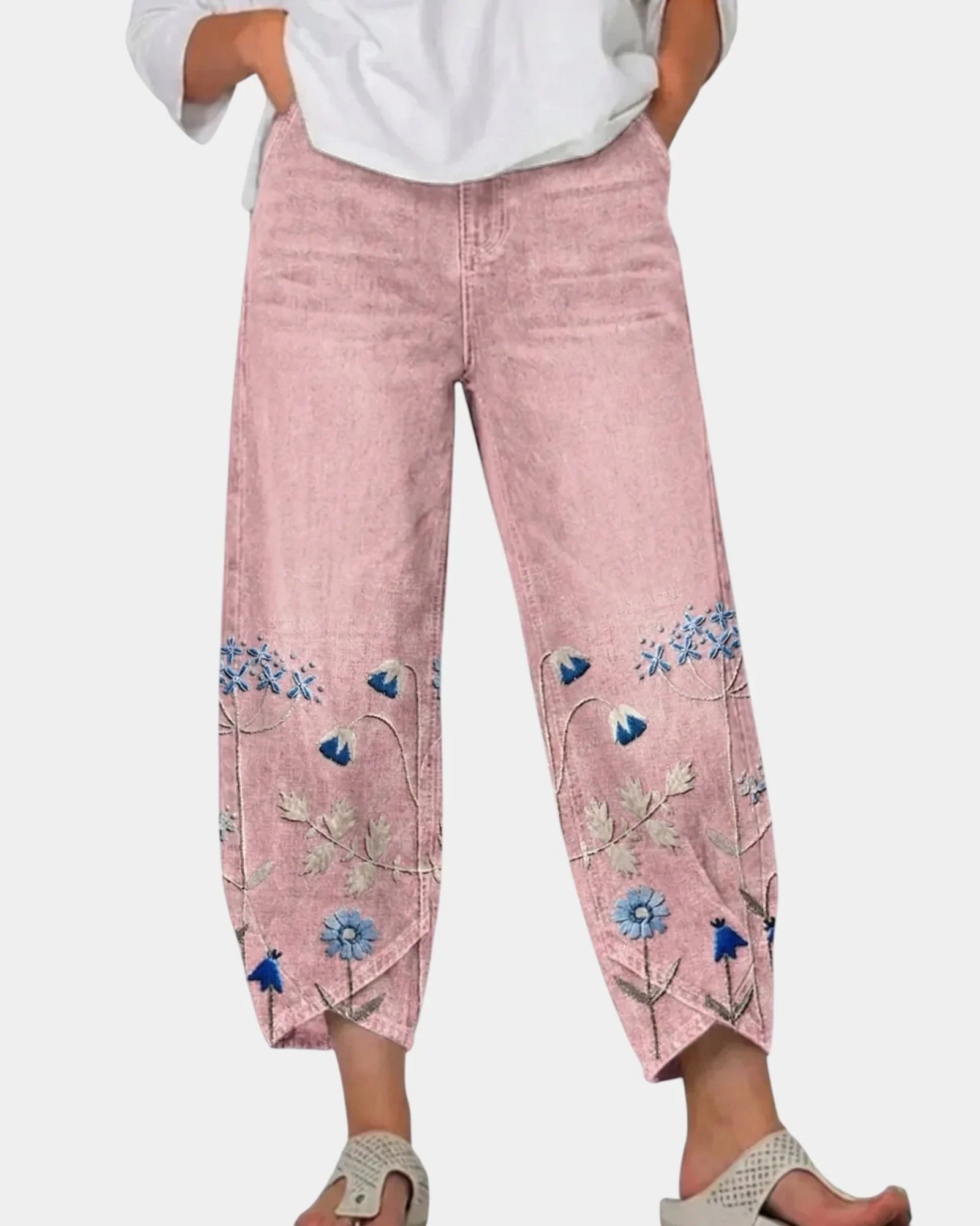 3/4-length casual pants, pink with blue floral bird print on lower panels