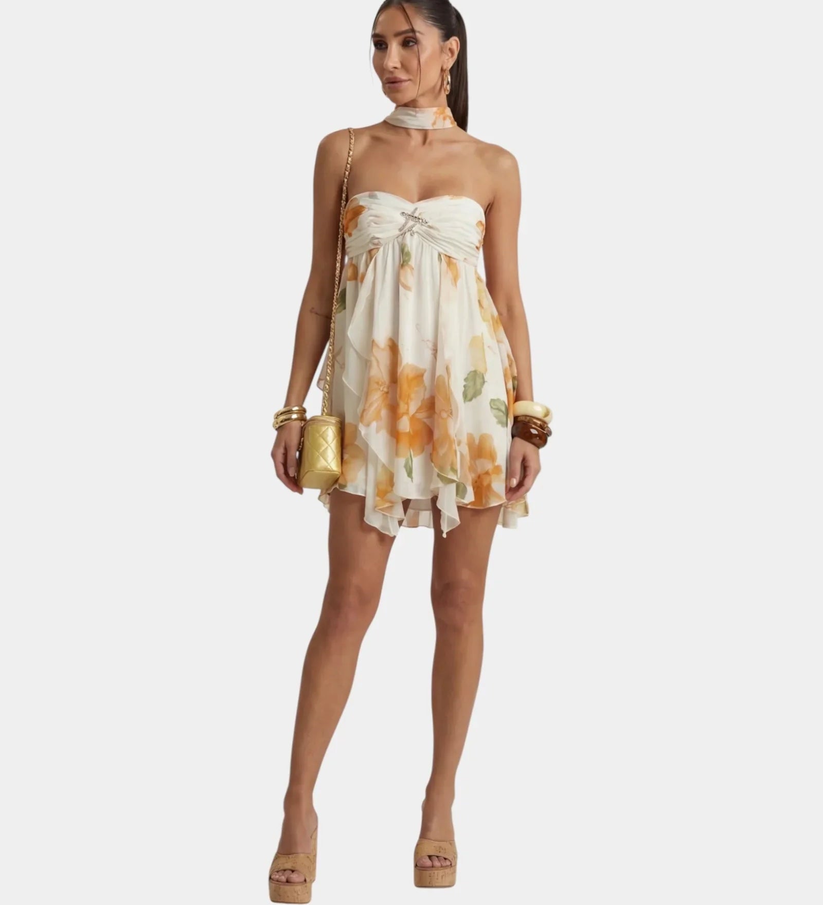Women's floral mini dress with thin straps and gathered ruffle skirt