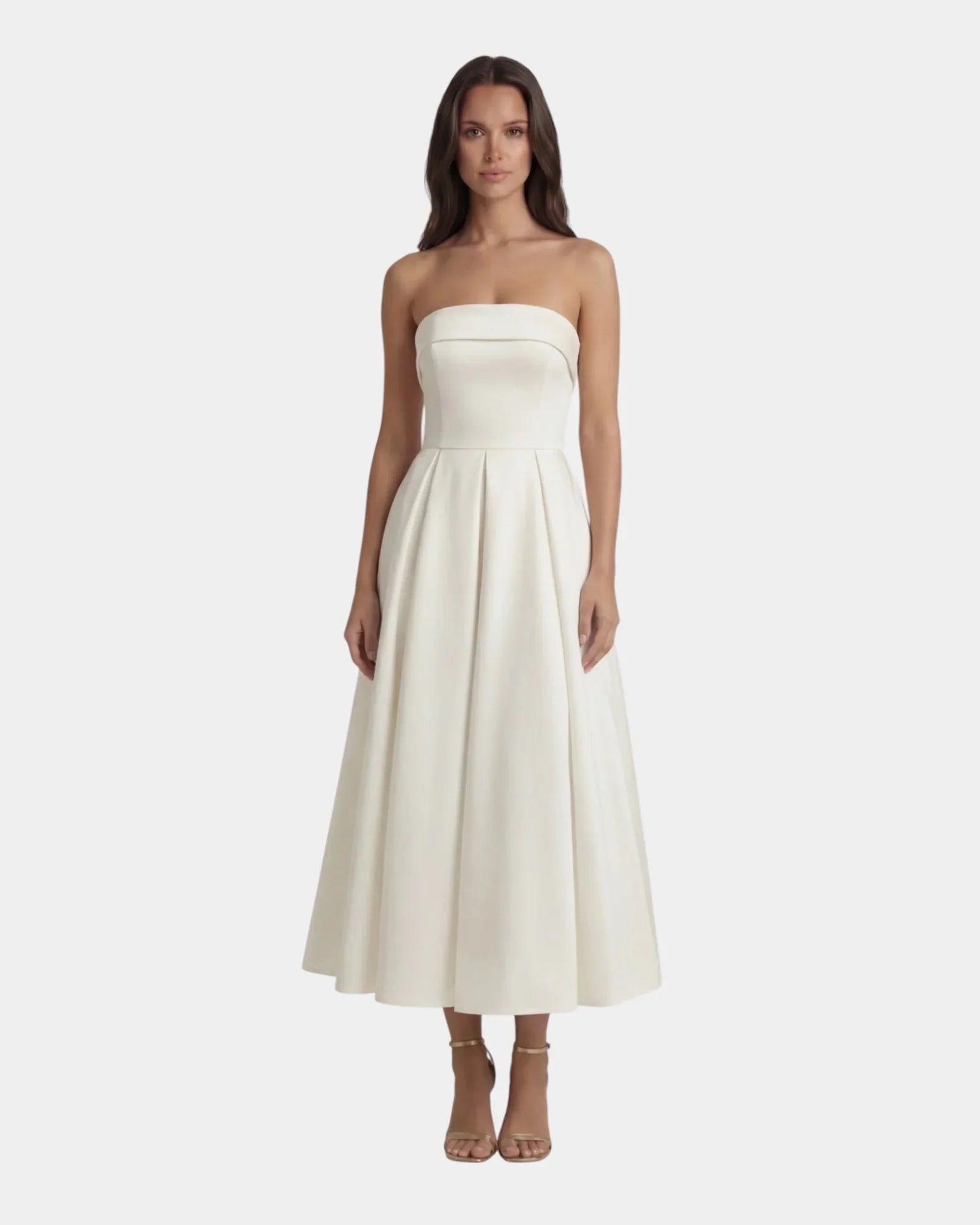 Ivory strapless fit-and-flare midi dress with sweetheart bodice