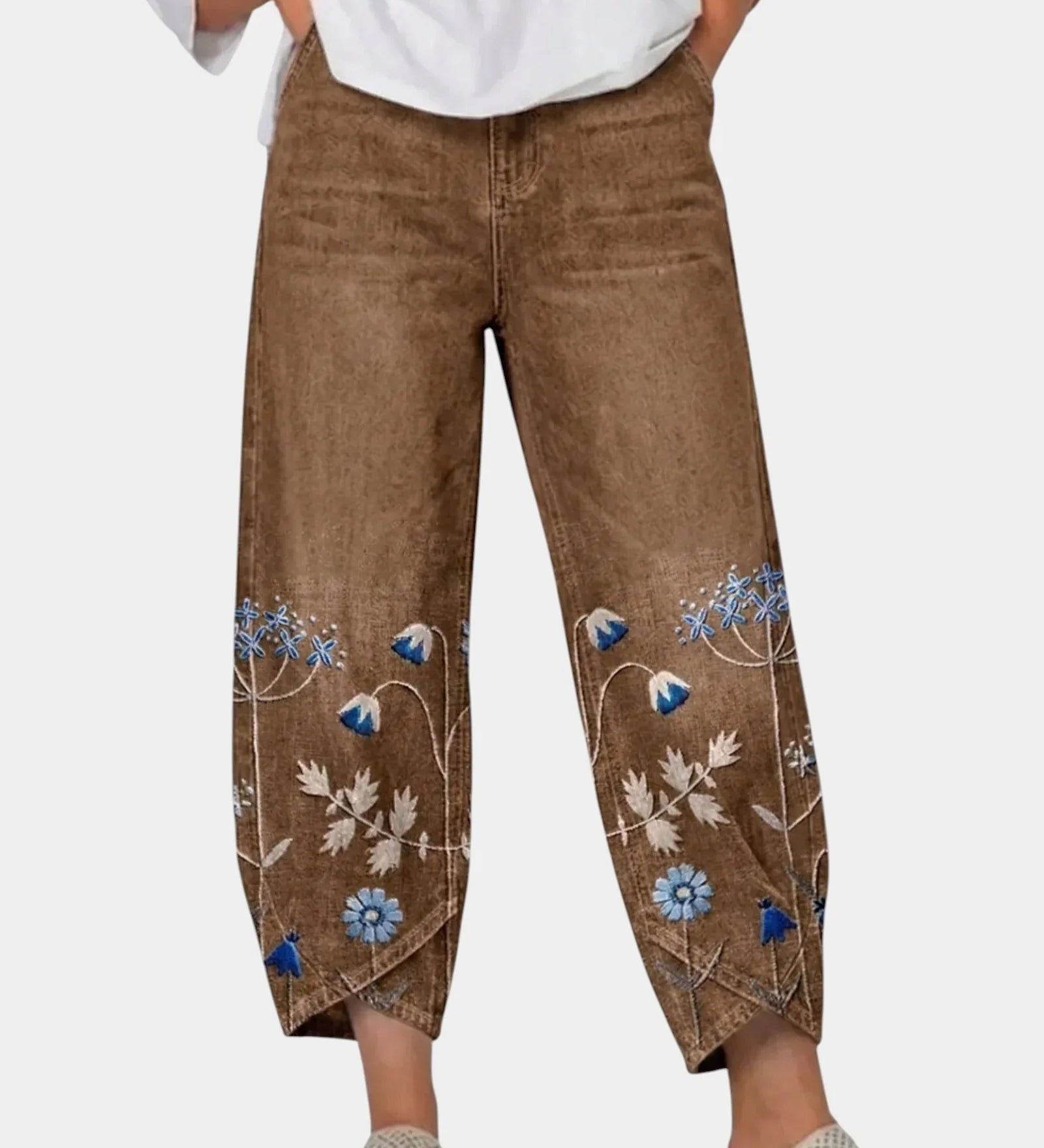 3/4-length casual pants, brown with blue floral bird print on lower panels