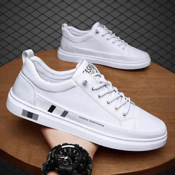 White lace-up orthopedic shoes with padded collar and side stripe