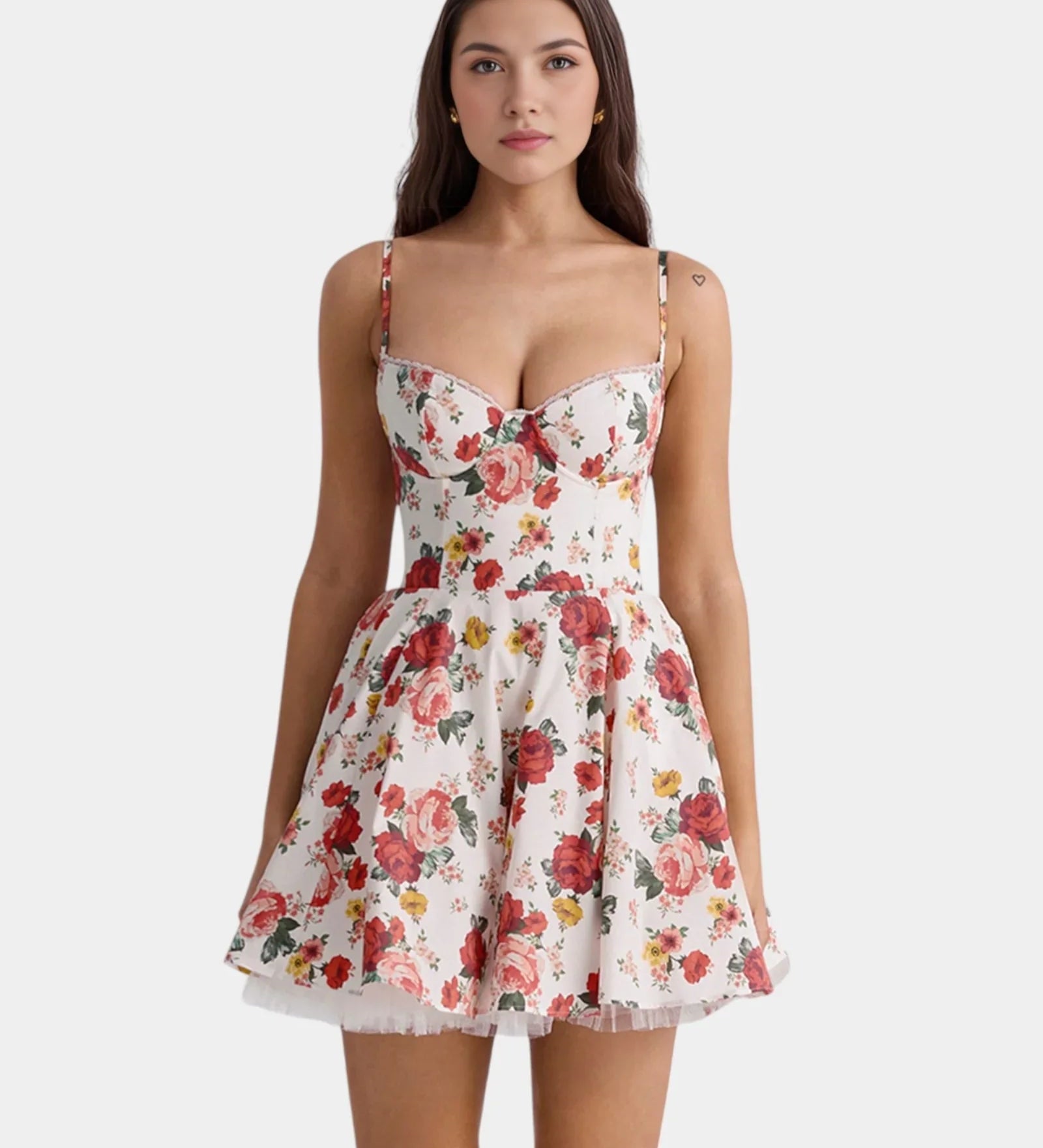 Floral spaghetti-strap skater dress with underwire cups and red rose print skirt
