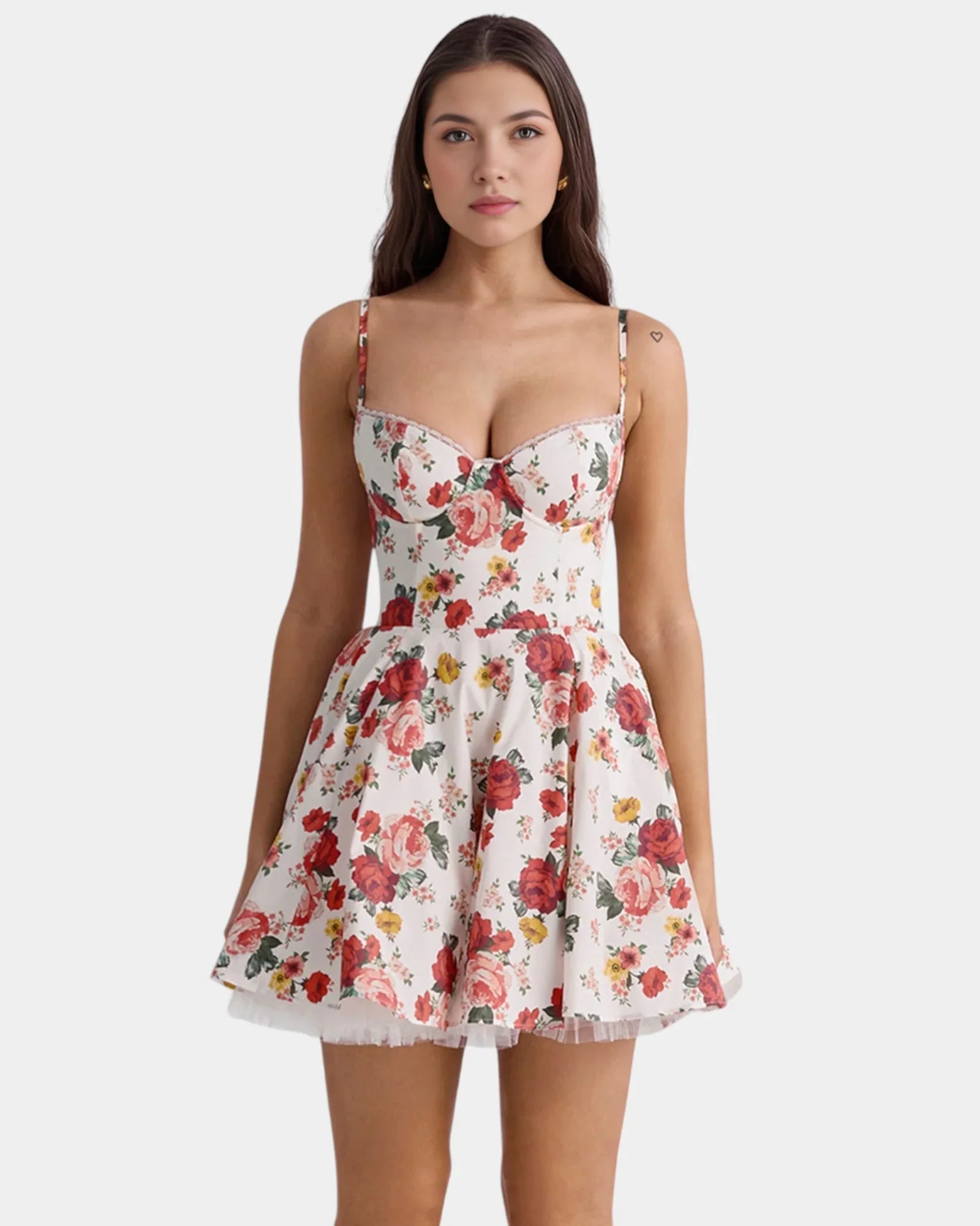Floral spaghetti-strap skater dress with underwire cups and red rose print skirt