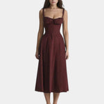 Marsala midi dress with spaghetti straps, ruffled bust detail, and full skirt